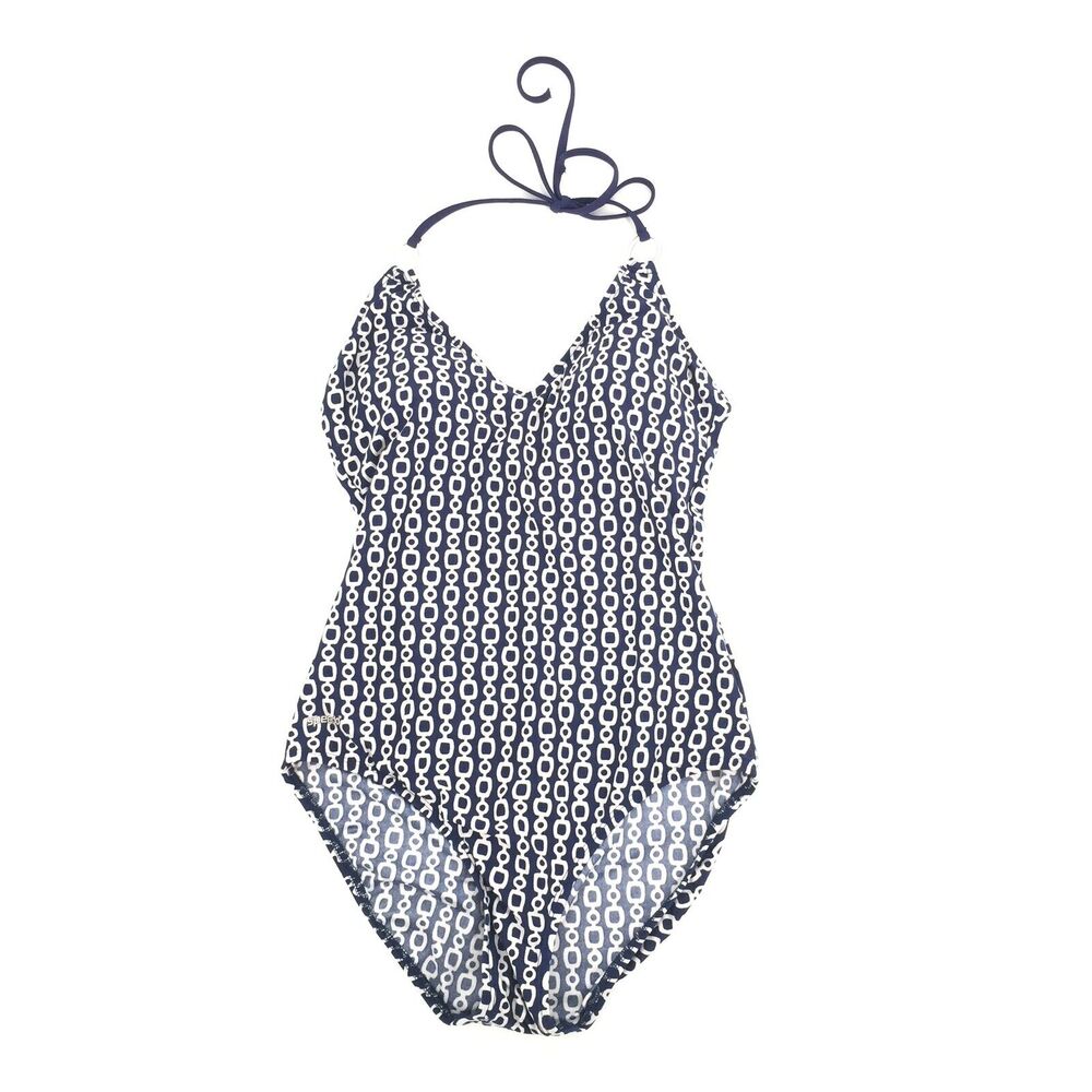 Speedo Chain Print One Piece Halter Neck Swimsuit 12 Navy Blue White Large Swim